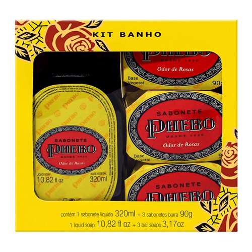 Kit Banho Phebo Odor de Rosas Sabonete Líquido 320ml + Sabonete em Barra Phebo 3 Unidades de 90g Cada