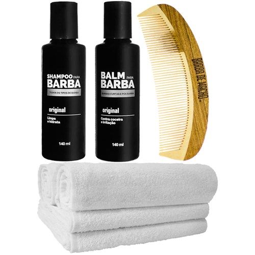 Kit Barba Grande Pente Curvo Balm Shampoo Toalhas Usebarba