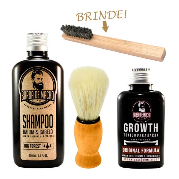 Kit Barba Shampoo + Pincel de Barbear + Tônico Cresce Fios - Barba de Macho