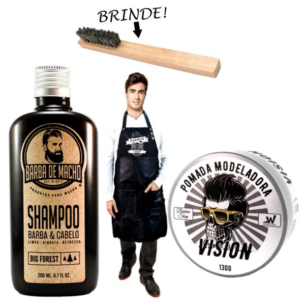 Kit Barba Shampoo + Pomada Modeladora + Avental Barbearia - Barba de Macho
