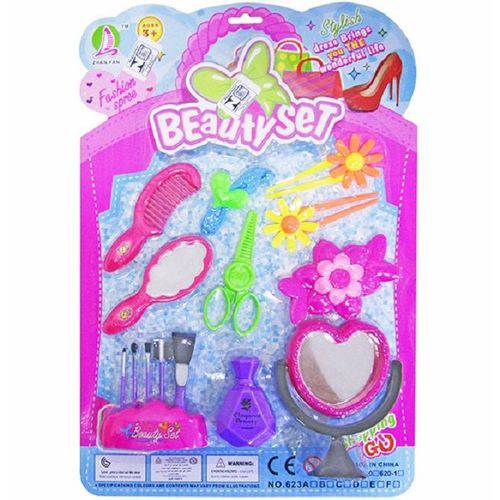 Kit Beleza Infantil com Espelho Coracao + Pinceis e Acessorios 10 Pecas na Cartela - Colorido