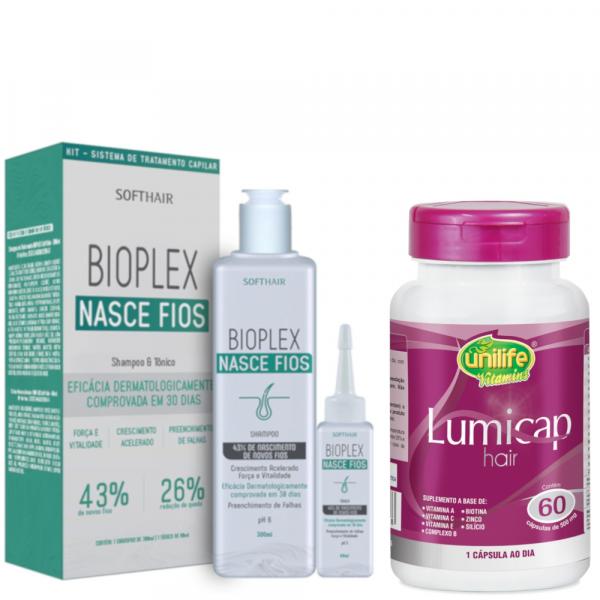 Kit Bioplex Nasce Fios Shampoo e Tônico SoftHair + Lumicap Hair Suplemento Capilar Unilife