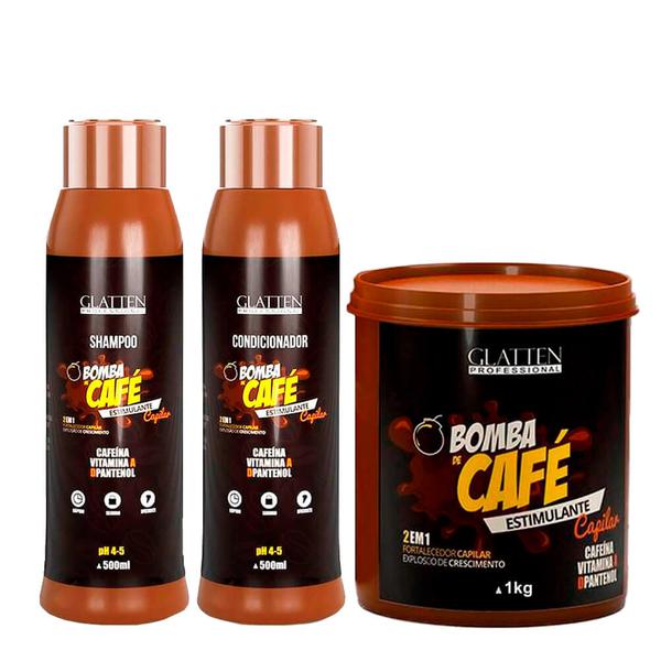 Kit Bomba de Café Glatten Professional Shampoo 500ml, Condicionador 500ml e Estimulante Capilar 1Kg