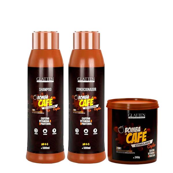 Kit Bomba de Café Glatten Professional Shampoo 500ml, Condicionador 500ml e Estimulante Capilar 240g