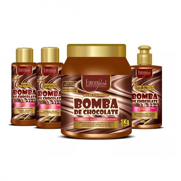 Kit Bomba de Chocolate Forever Liss - Masc 1k, Sh, Cond e Creme de Pentear 300ml