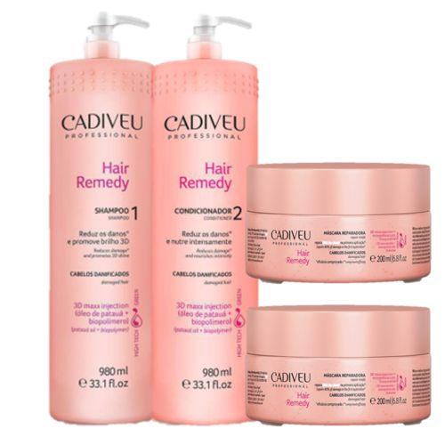 Kit Cadiveu Hair Remedy - 1 Shampoo 980ml / 1 Condicionador 980ml / 2 Mascaras 200ml