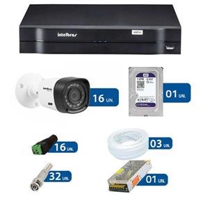 Kit de Câmeras de Segurança-DVR Intelbras 16Ch G2 Tríbrido HDCVI+16Câmeras Infra VHD 1010B HD+HD WD
