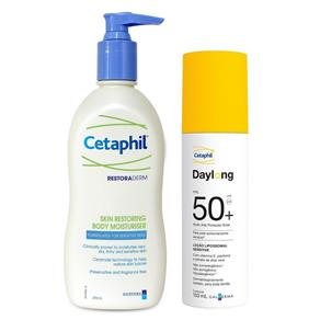 Kit Cetaphil Loção Hidratante Restoraderm 295ml + Protetor Solar Daylong Lipossomal Sensitive FPS 50 150ml
