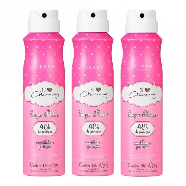Kit 3 Cless Desodorante Aerosol eu Amo Charming Sugar Flower 48Horas - 150ml