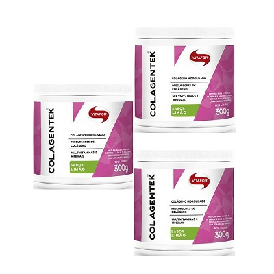 Kit 3 Colagentek - Colágeno Hidrolisado - Limão - Vitafor - 300g Cada