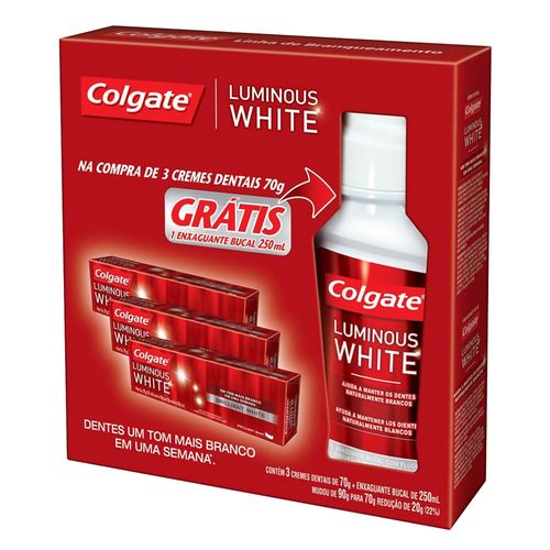 Kit Colgate Luminous White Creme Dental 70g 3 Unidades + Enxaguante Bucal 250ml