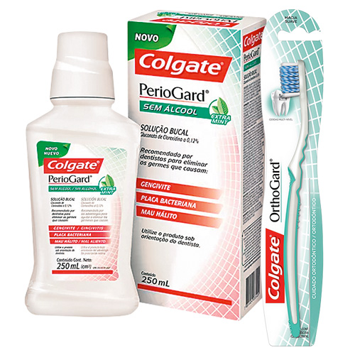 Kit Colgate PerioGard Enxaguante Bucal Extra Mint 250ml + Escova Dental OrthoGard 1 Unidade