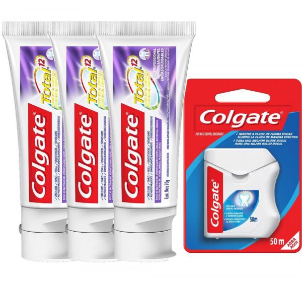 Kit Colgate Total 12 C/3 Cremes Dentais 70g + Fio Dental 50m