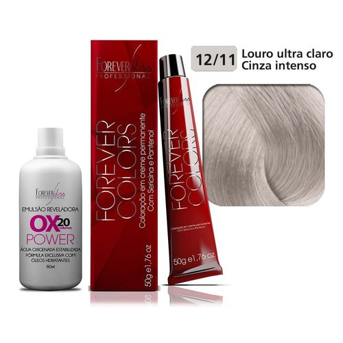 Kit Coloração Forever Colors - Natural 12-11 Louro Ultra Claro Cinza Intenso e Ox 20 Volumes 80ml Power - Forever Liss