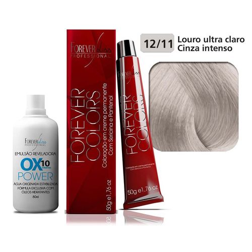 Kit Coloração Forever Colors - Natural 12-11 Louro Ultra Claro Cinza Intenso e Ox 10 Volumes 80ml Power - Forever Liss
