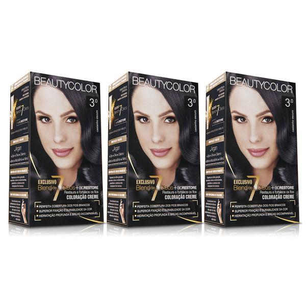 Kit Coloração Permanente BeautyColor Castanho Escuro 3.0 com 3 Unidades - Avelis