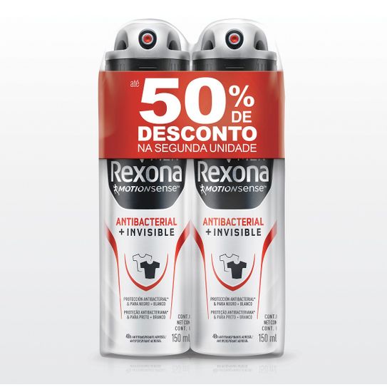 Kit com 02 Desodorante Rexona Antibacterial Mem Aerossol 90g com 50% de Desconto na Segunda Unidade
