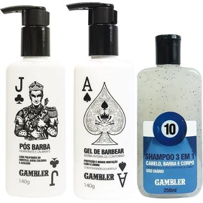 Kit com 1 Pós Barba da Gambler + 1 Gel de Barbear + 1 Shampoo 3 em 1 Bola 10