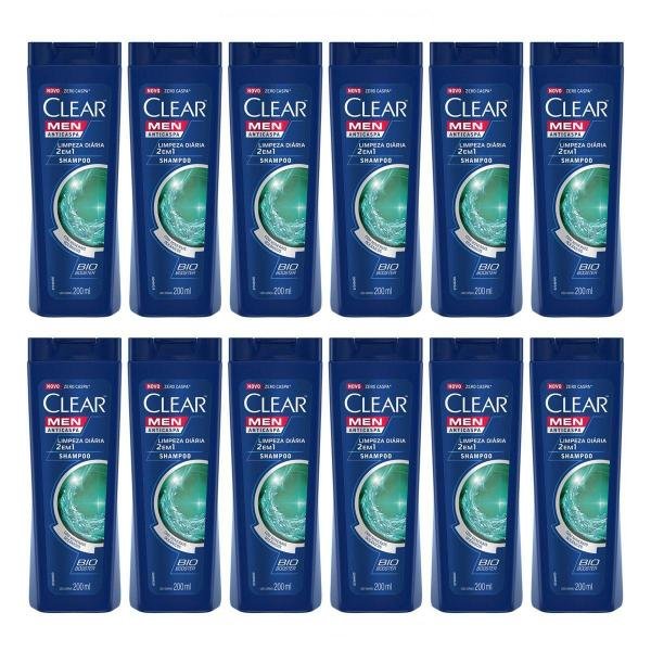 Kit com 12 Shampoo Anticaspa Clear Men Limpeza Diária 2 em 1 - 200ml