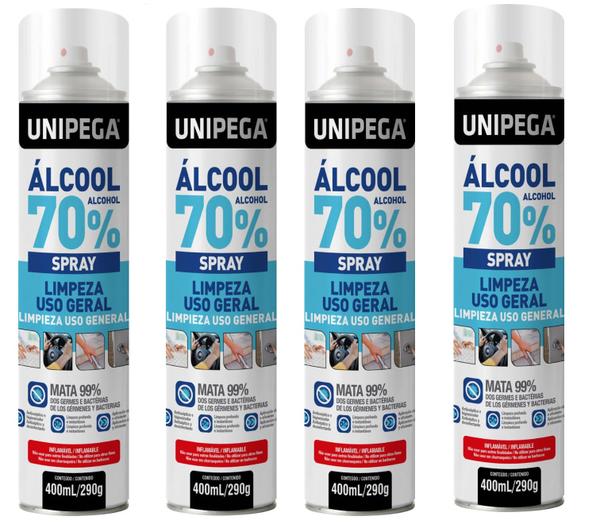 Kit com 4 Álcool 70 Spray Aerosol 70% Higienizador de Mãos Antisséptico Bactericida - Unipega