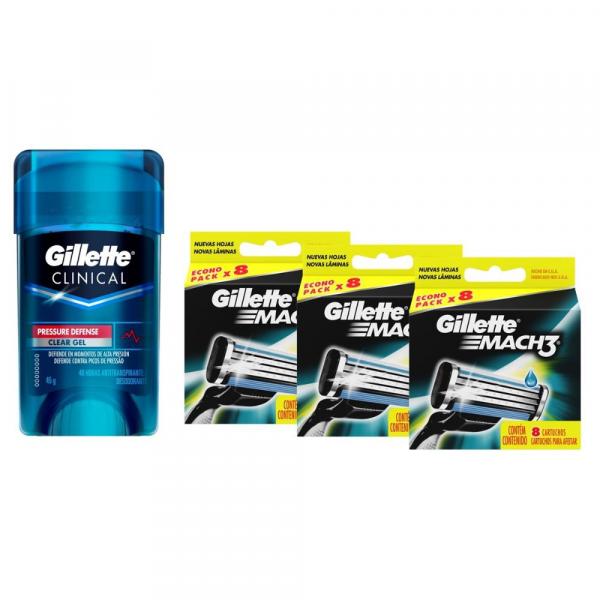 Kit com 24 Cargas Gillette Mach3 + Necessarie + 1 Desodorante Gillette Clinical Gel Pressure Defense 45g