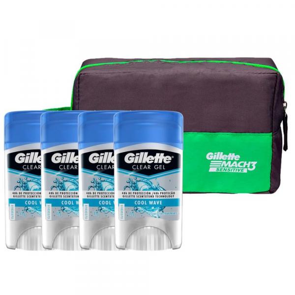 Kit com 4 Desodorantes Gillette Antitranspirante Clear Gel Cool Wave 45g + Necessaire