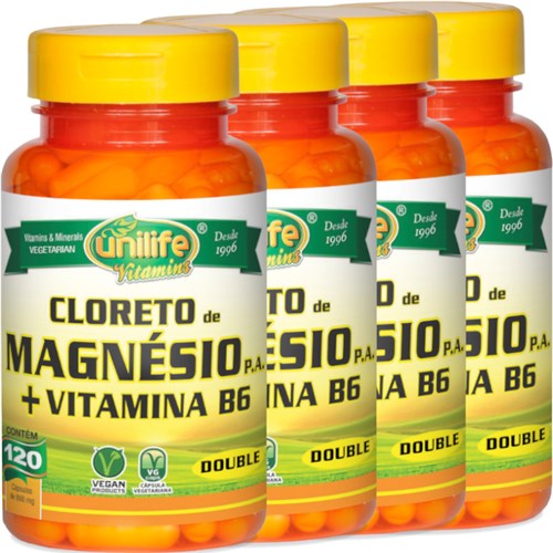 Kit com 4 Frascos de Cloreto de Magnésio P.A. Unilife 120 Capsulas + Vitamina B6