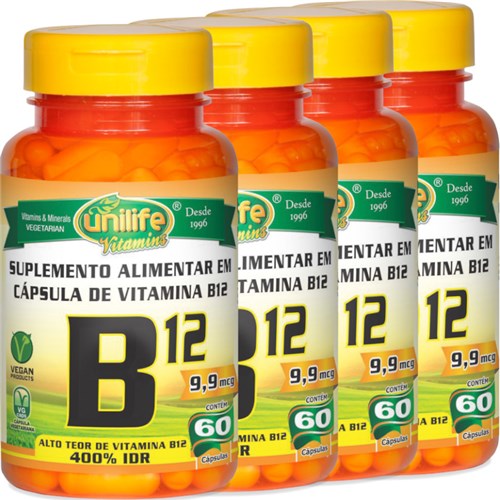 Kit com 4 Frascos de Vitamina B12 Cianocobalamina Unilife 60 Capsulas