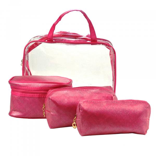 Kit com 4 Frasqueira Necessaire Feminina Pink CBRN04553 - Commerce Brasil