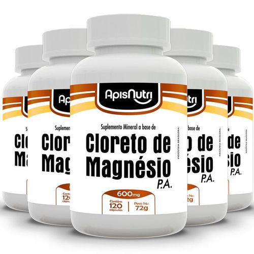 Kit com 5 Cloreto de Magnésio P.A 600mg 120 Cápsulas da Apisnutri