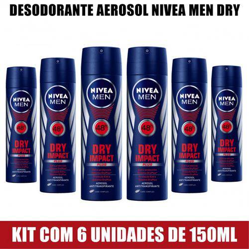 Kit com 6 Desodorante Nívea Aerosol For Men Dry Impact 150ml