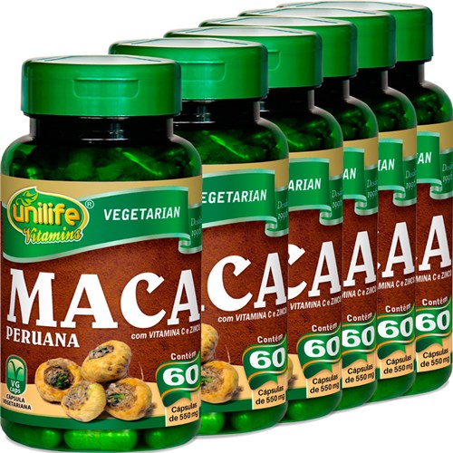 Kit com 6 Frascos de Maca Peruana com Vitamina C e Zinco Unilife 60 Capsulas 550mg