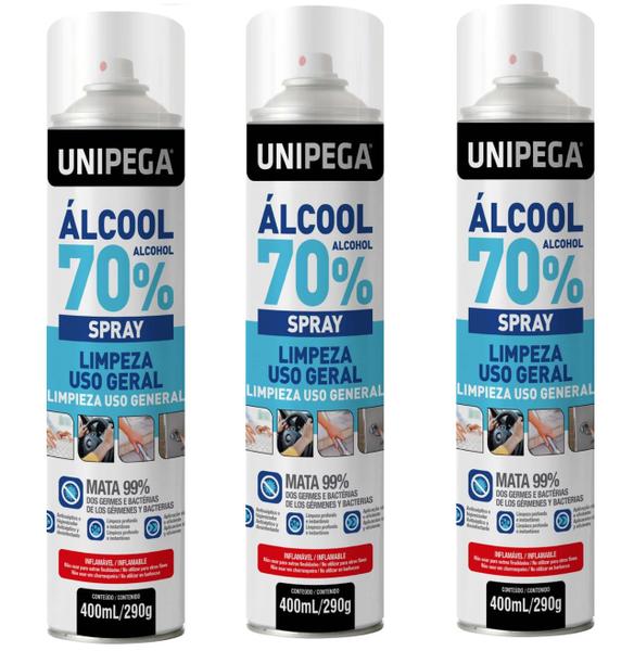 Kit com 3 Álcool 70 Spray Aerosol 70% Higienizador de Mãos Antisséptico Bactericida - Unipega