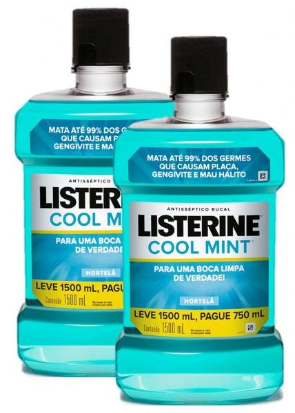Kit com 2 Antissépticos Bucal Listerine Cool Mint Leve 1,5L e Pague 750ml