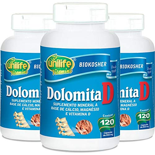 Kit com 3 Dolomita Vitamina D Unilife 120 Cápsulas