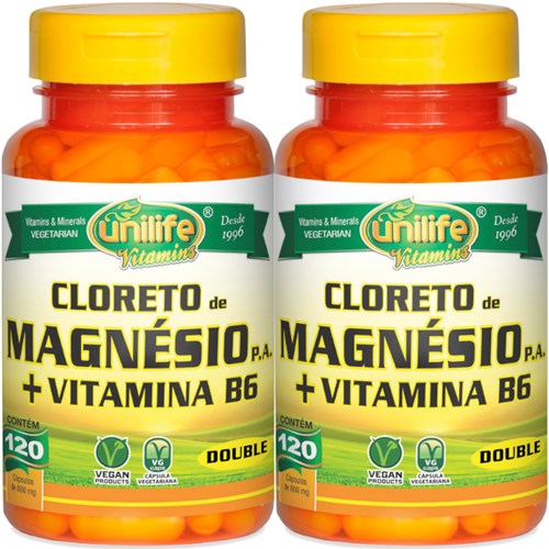 Kit com 2 Frascos de Cloreto de Magnésio P.A. Unilife 120 Capsulas + Vitamina B6