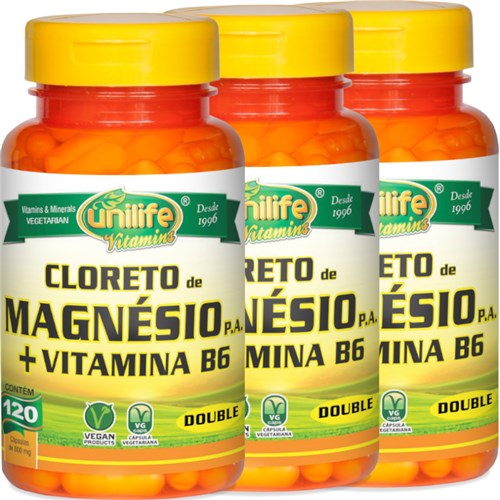 Kit com 3 Frascos de Cloreto de Magnésio P.A. Unilife 120 Capsulas + Vitamina B6