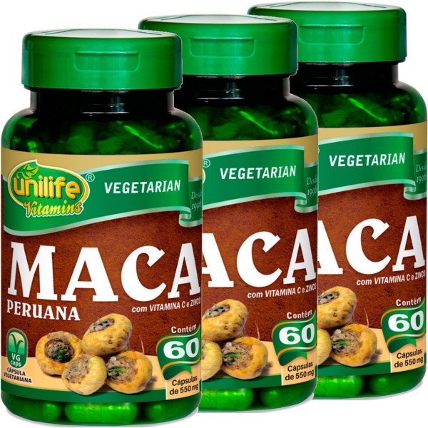 Kit com 3 Frascos de Maca Peruana com Vitamina C e Zinco Unilife 60 Capsulas 550mg