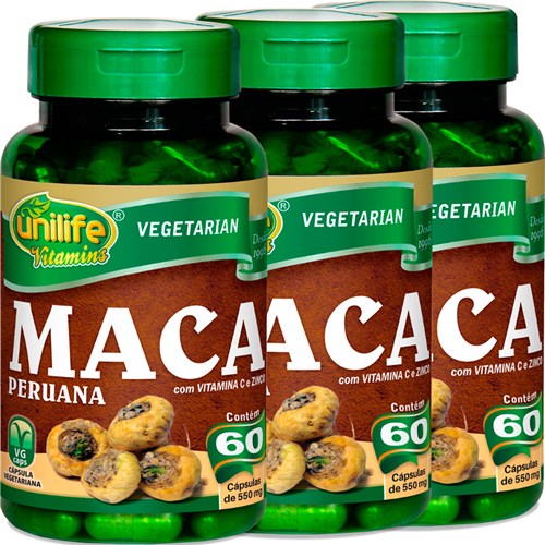 Kit com 3 Frascos de Maca Peruana com Vitamina C e Zinco Unilife 60 Capsulas 550mg