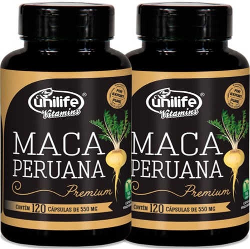 Kit com 2 Frascos de Maca Peruana Premium Pura Unilife 120 Capsulas 550mg