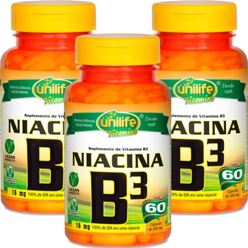 Kit com 3 Frascos de Vitamina B3 Niacina 60 Cápsulas Unilife