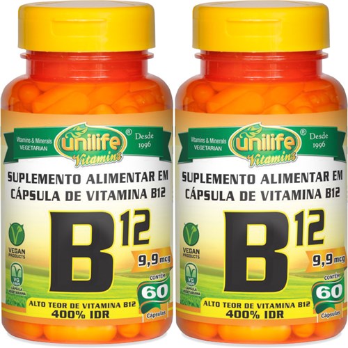 Kit com 2 Frascos de Vitamina B12 Cianocobalamina Unilife 60 Capsulas