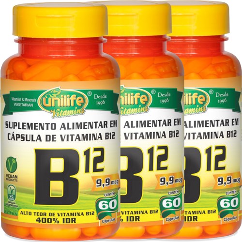Kit com 3 Frascos de Vitamina B12 Cianocobalamina Unilife 60 Capsulas