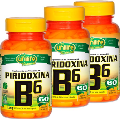 Kit com 3 Frascos de Vitamina B6 Piridoxina 60 Cápsulas Unilife