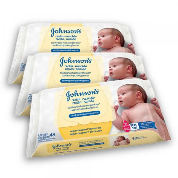 Kit com 3 Lenços Umedecidos JOHNSON'S Baby Recém Nascido Sem Fragrância 48 Unidades - Johnsons