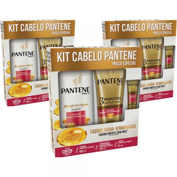Kit com 3 Pantene Cachos Hidra-Vitaminados Shampoo 400ml + Condicionador 3 Minutos + Ampola 15ml