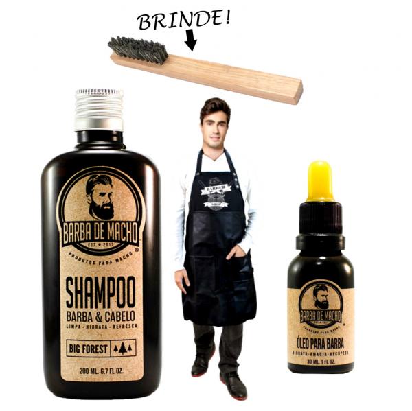 Kit com Shampoo + Óleo + Avental de Barbearia - Aproveite - Barba de Macho