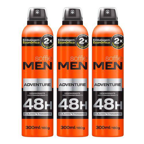 Kit com 3 Soffie Men Adventure Desodorantes 48h Aero 300mL