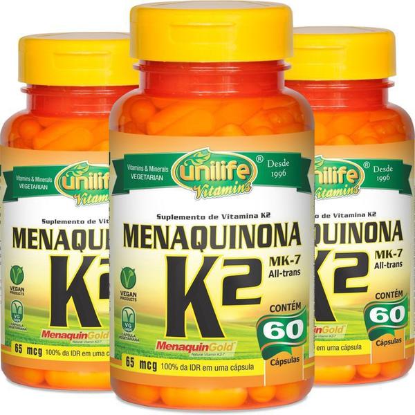 Kit com 3 Vitamina K2 Menaquinona Mk7 60 Cápsulas Unilife