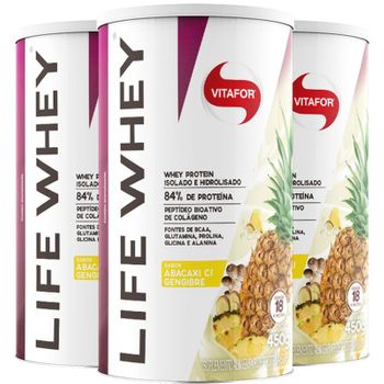 Kit com 3 Whey Protein Isolado 450g Life Whey da Vitafor Abacaxi
